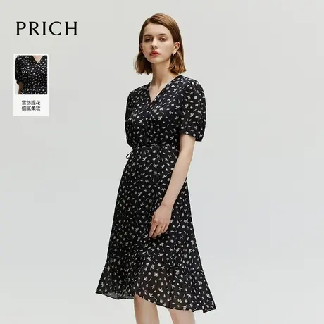 【超能小太阳】PRICH法式气质印花泡泡袖雪纺连衣裙黑色V领长裙图片