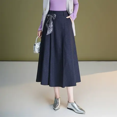 时尚牛仔半身裙女2025秋季新款显瘦百褶a字裙中长款通勤休闲伞裙图片