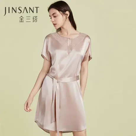 金三塔舒适丝滑真丝圆领短袖可外穿睡裙女 桑蚕丝纯色睡衣女图片