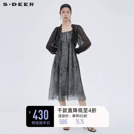 sdeer圣迪奥夏装复古木耳边气质碎花两件套法式连衣裙女S222Z1255图片