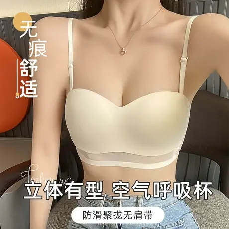 薄款拼接网纱无肩带大胸显小内衣女一片式抹胸软支撑收副乳文胸罩图片
