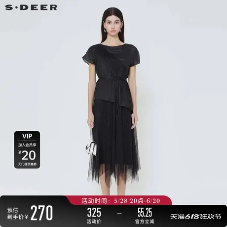 sdeer圣迪奥女装圆领风琴褶收腰网纱短袖连衣裙S242Z1228图片