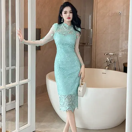 减龄显瘦御姐风蕾丝连衣裙初秋新款性感镂空气质包臀长袖修身裙子图片