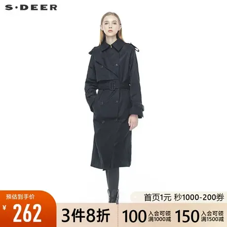 sdeer圣迪奥女装翻领双排扣腰带收腰开衩下摆纯色风衣S19381803图片