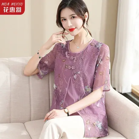 中年妈妈夏装短袖薄款雪纺小衫洋气中老年女夏天T恤上衣服假两件商品大图