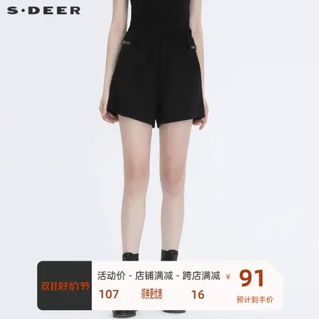 sdeer圣迪奥女装时尚个性拼接插袋基本款黑色毛呢短裤S20460902商品大图
