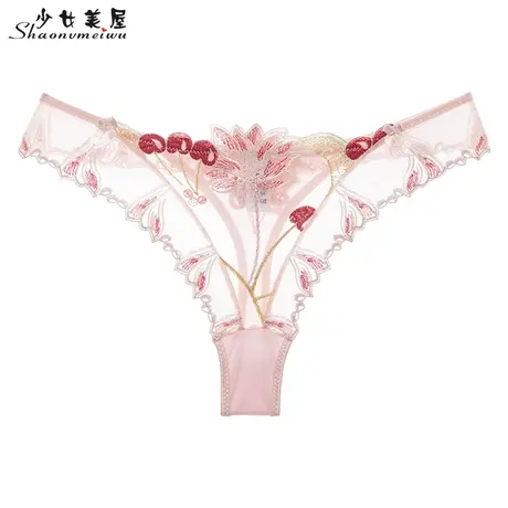 【青仓】网纱透明刺绣性感女式内裤诱惑T裤女士中低腰丁字裤女图片