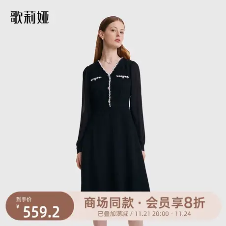 歌莉娅长袖连衣裙秋冬新款小香风V领气质小个子黑色裙子1B9C4K390图片