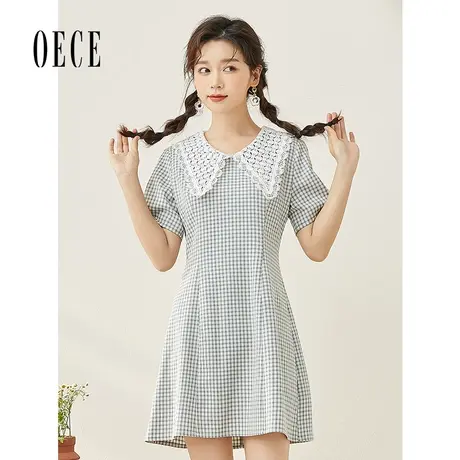 Oece少女连衣裙年春夏新款女装复古格子裙子春短袖淑女气质裙图片