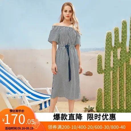 【艾格】2023夏新款度假连衣裙女松紧领口收腰显瘦条纹中长裙子图片