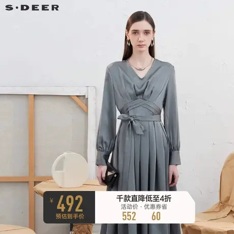 sdeer圣迪奥女装静奢风V领垂坠压褶肌理连衣裙S24161206图片