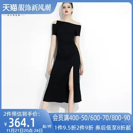 2023新款气质女装黑色长裙轻熟风斜肩露肩开叉性感长款连衣裙女夏图片