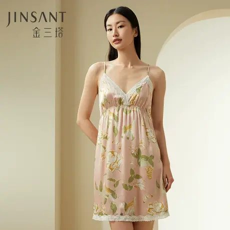 山茶漫漫】100%桑蚕丝v领女真丝印花丝滑吊带裙家居服金三塔新品图片
