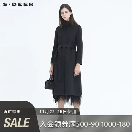 sdeer圣迪奥冬季新品女休闲立领收腰中长款毛呢大衣S20481801图片