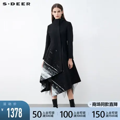sdeer圣迪奥女装休闲高领泼墨印花不规则长款毛呢大衣S21481820图片
