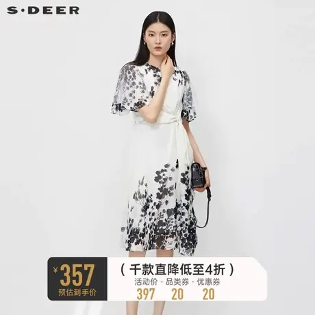 sdeer圣迪奥女装圆领晕染交叉网纱喇叭袖连衣裙S232Z12J1图片