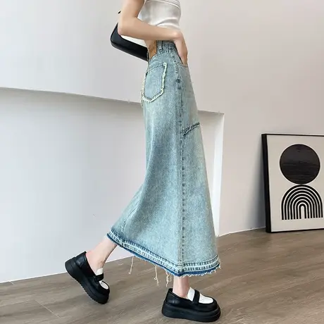 牛仔半身裙女中长款夏季新款高腰a字显瘦设计感拼接毛边小众裙子图片
