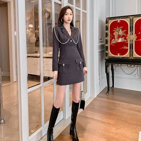 通勤休闲职业西装裙子秋季装收腰显瘦短裙时尚高级感长袖连衣裙女图片