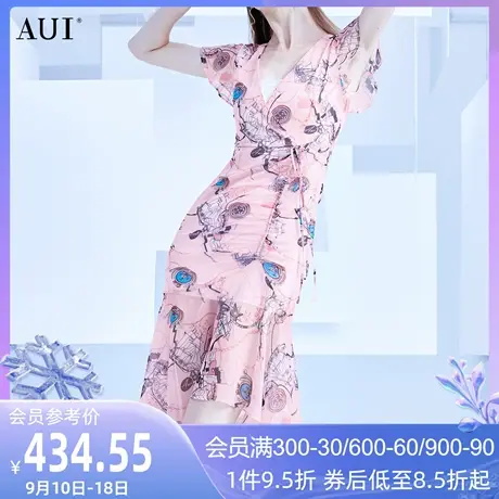 AUI欧洲站雪纺碎花连衣裙女夏2023新款气质女人味收腰V领荷叶边裙图片