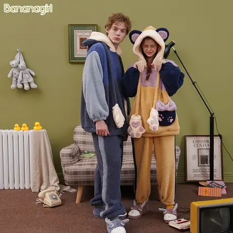 Bananagirl睡衣女秋冬珊瑚绒 法兰绒 加厚保暖情侣睡衣家居服男冬图片
