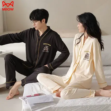 MiiOW/猫人春季情侣睡衣纯棉长袖和服简约可爱少女外穿家居服套装商品大图