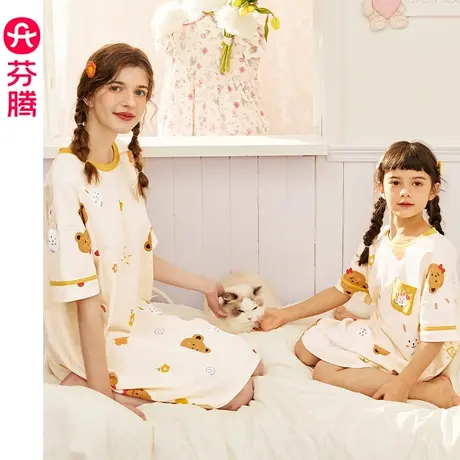 芬腾纯棉睡裙女夏季短袖中长裙可爱卡通亲子母女中大童家居服睡衣图片