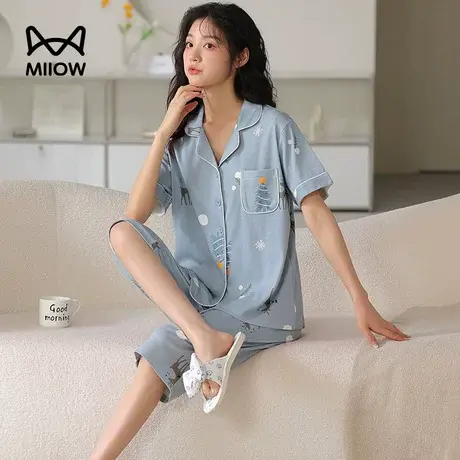 夏季女士睡衣开衫短袖七分裤宽松纯棉睡衣可爱夏天舒适家居服套装图片