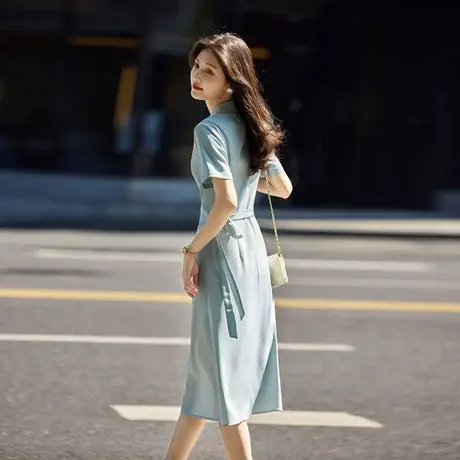 时尚气质连衣裙2024年夏季新款女收腰显瘦纯色衬衫领西装职场长裙图片