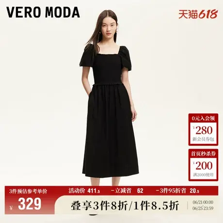 Vero Moda奥莱连衣裙2025夏季新款商场同款方领泡泡袖拼接小黑裙图片