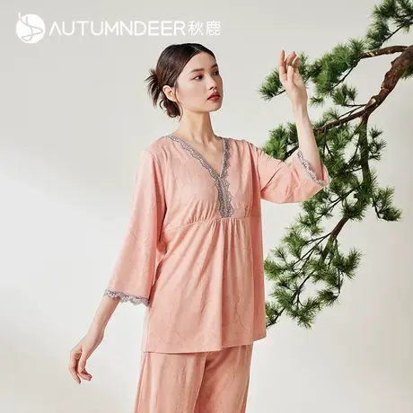 秋鹿新中式国风针织棉提花蕾丝V领睡衣女夏薄款七分袖家居服套装图片