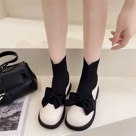 飞针织袜靴连袜小皮鞋女春秋2024新款蝴蝶结弹力袜子鞋玛丽珍短靴商品大图