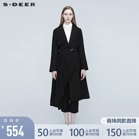 sdeer圣迪奥秋冬平驳领拼接系收腰不规则中长款大衣女S20381807图片