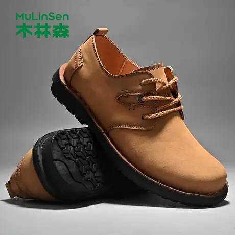 木林森皮鞋春秋季牛皮男士休闲皮鞋真皮工装鞋缝线复古厚底大头鞋图片