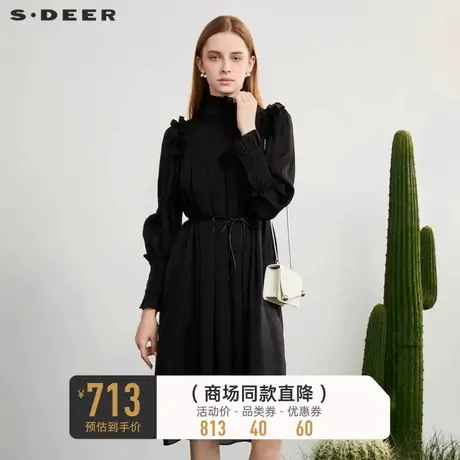 sdeer圣迪奥女装木耳边圆领收腰泡泡袖连衣裙S23181203图片