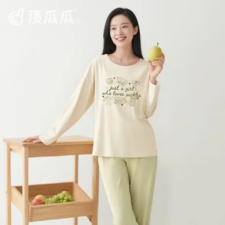 顶瓜瓜纯棉睡衣女士可外穿2025秋冬女绿色圆领长袖长裤家居服套装图片