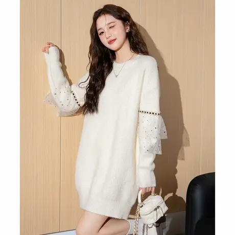唐狮冬季白色内搭连衣裙秋冬款女中长款毛衣裙针织打底裙配大衣TD图片