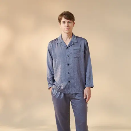 绮瑞男士睡衣春秋可外穿大码绸缎加厚秋季纯色开衫家居服套装大码图片