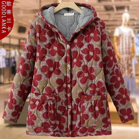 中老年女装冬装棉服外套洋气花色棉袄加肥加大码妈妈宽松连帽棉衣商品大图