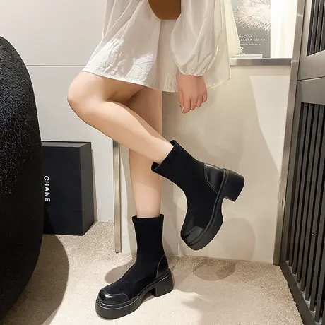 靴子女中筒靴小个子2023新款厚底粗跟春秋款黑色显瘦马丁靴女靴子商品大图