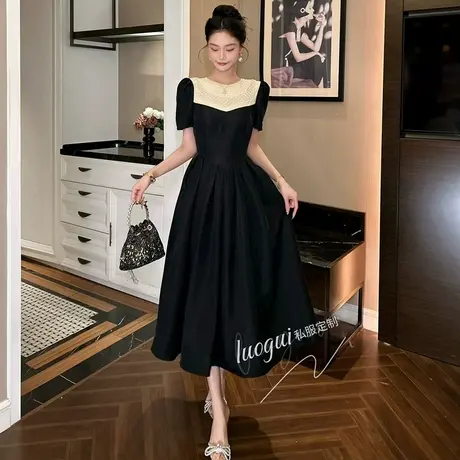高端精致名媛风钉珠圆领公主裙女装长裙法式欧洲站轻奢气质连衣裙图片