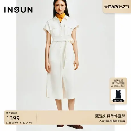 INSUN恩裳夏季休闲工装风衬衫式亚麻连衣裙图片