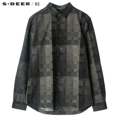 sdeerhe圣迪奥男装时尚简约大方格纹翻领长袖男士衬衫H16370568图片