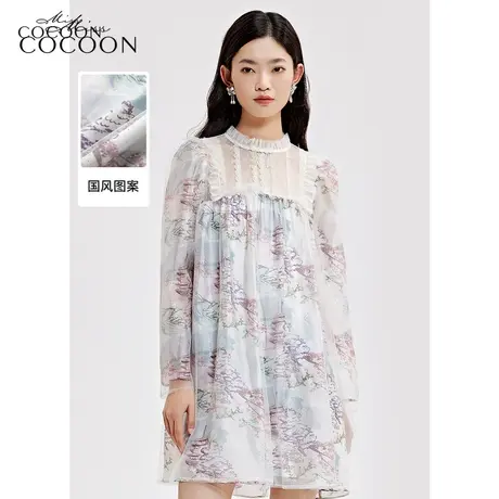 missCOCOON复古裙子春装2023新款国潮图案印花蕾丝拼接连衣裙图片