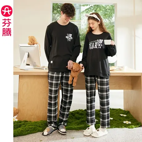 芬腾长袖情侣睡衣女春秋季圆领套头宽松男休闲大码全棉家居服套装商品大图