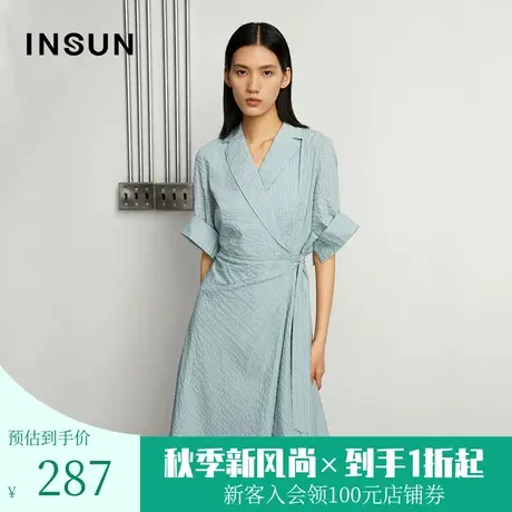 恩裳商场同款夏季经典莫代尔时尚条纹束腰西装领五分袖连衣裙女士图片