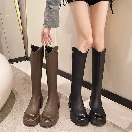 炸街ins复古长靴女2023年新款v口高跟粗跟长筒靴洋气不过膝骑士靴商品大图