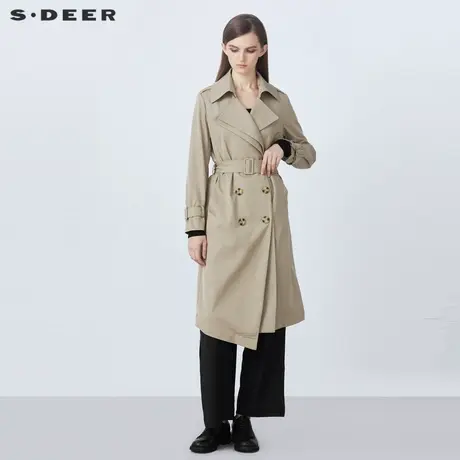 sdeer圣迪奥春装时尚翻领双排扣收腰长款风衣女S21381802图片