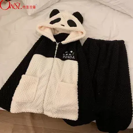 熊猫连帽睡衣女冬季2023年新款加厚网红可外穿拉链家居服图片