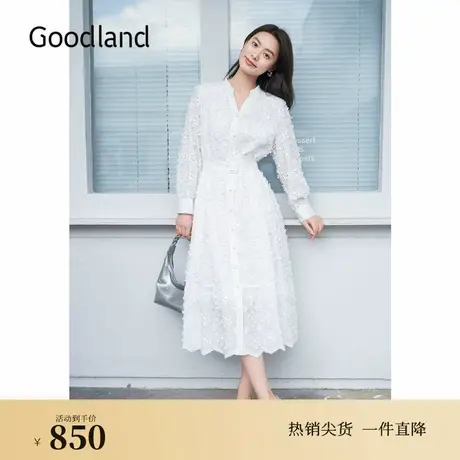 Goodland美地秋季高支棉法式镂空剪影流苏白月光连衣裙图片