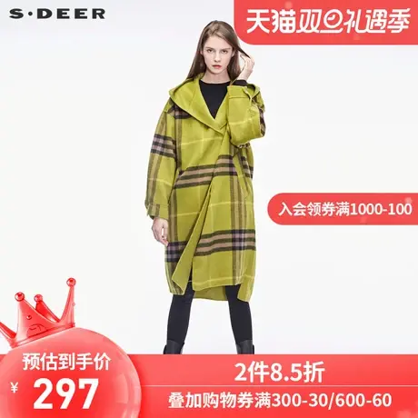 sdeer圣迪奥女装简约连帽撞色格纹开衩下摆长款风衣S18481879图片